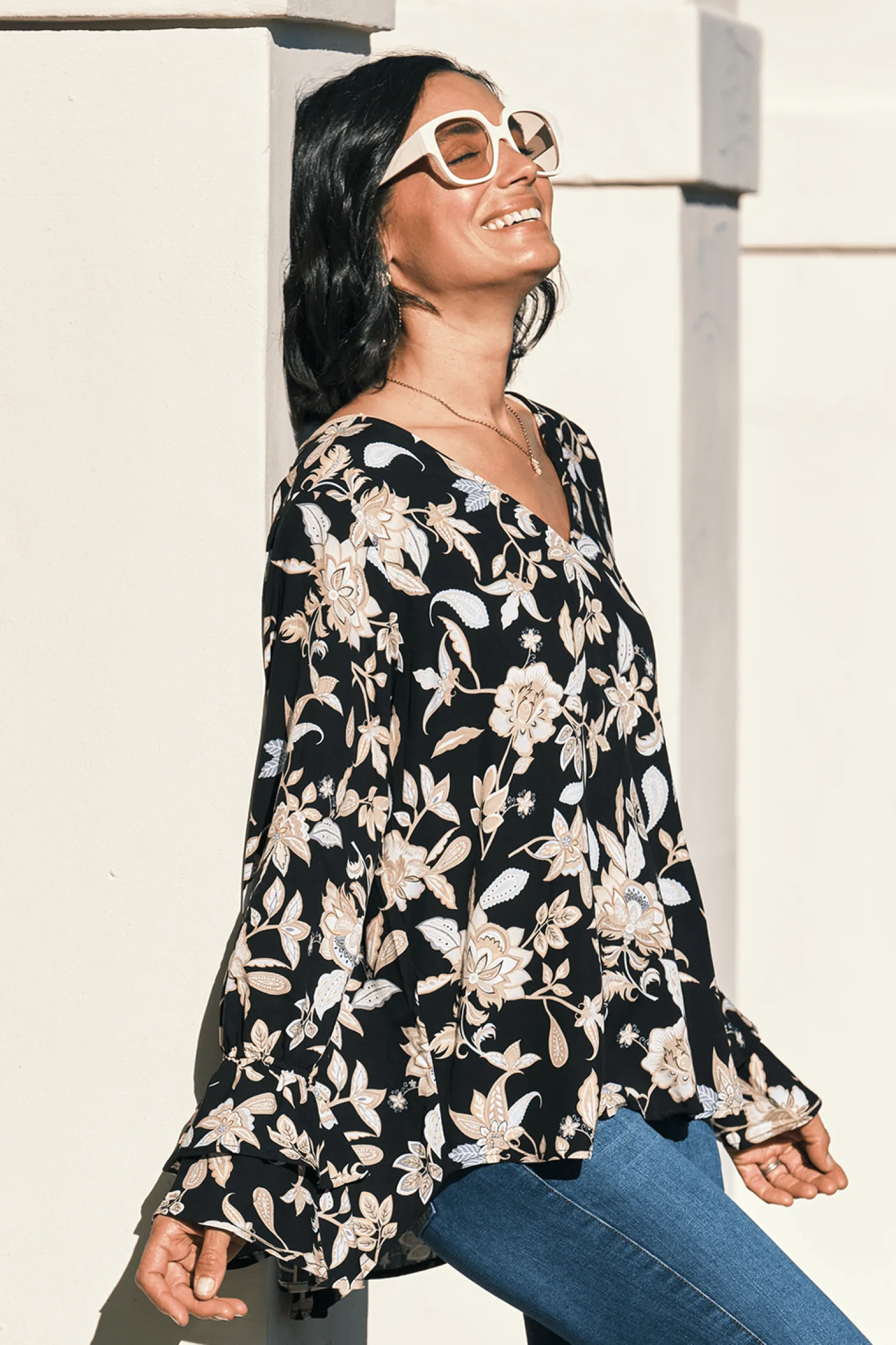 Clearance Carolina Mina Floral Long Sleeve Top Black