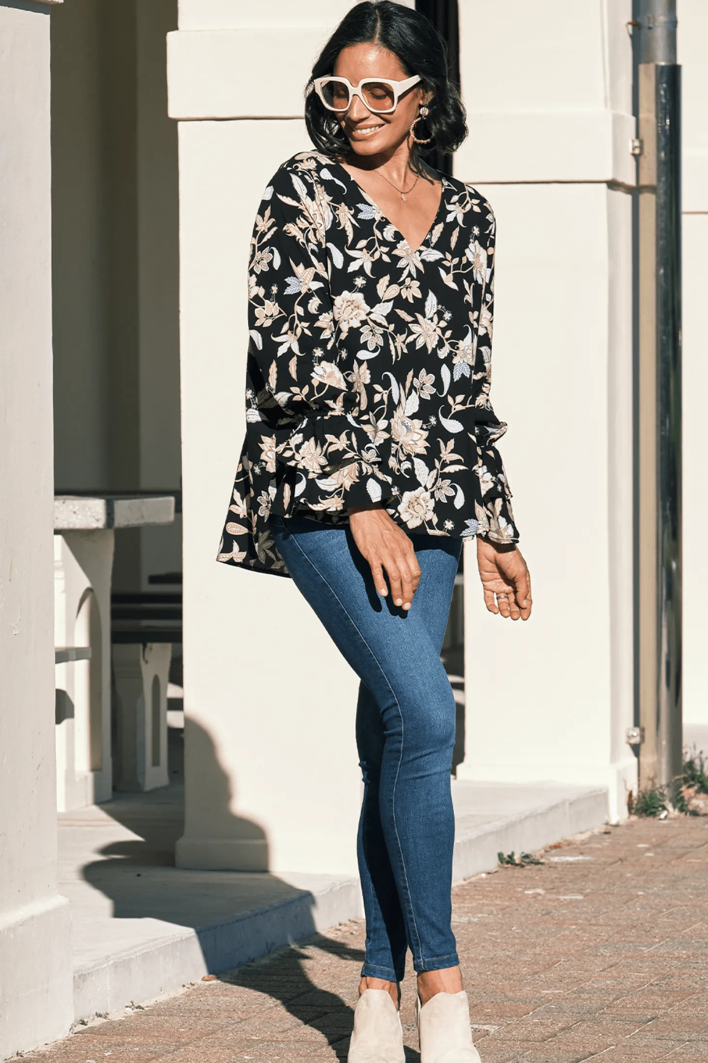 Clearance Carolina Mina Floral Long Sleeve Top Black