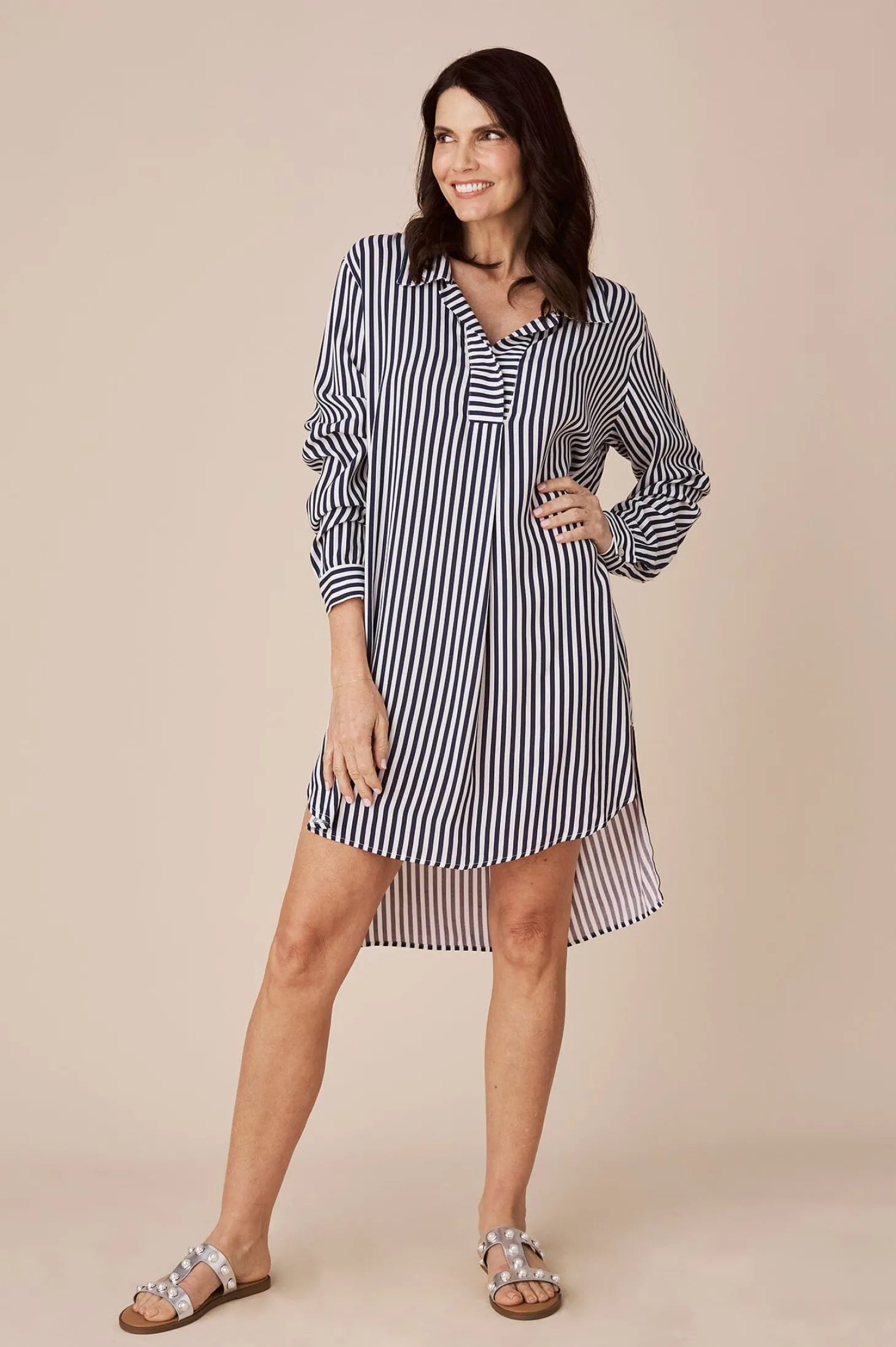 Clearance Carolina Monaco Striped Dress Shirt Dark Navy and White