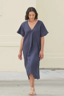 Best Sale Carolina Nadia Pure Linen Dress Navy
