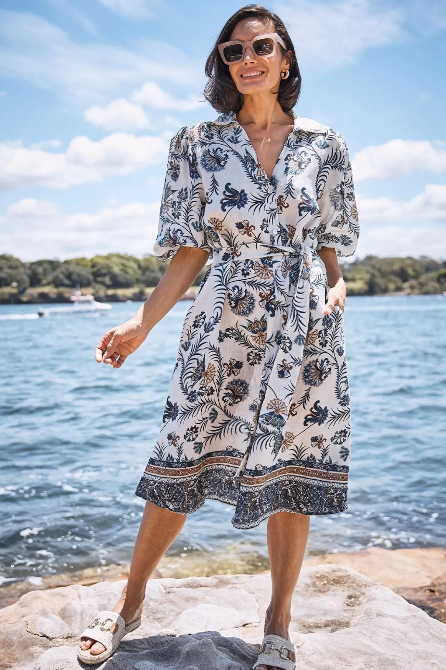 Best Sale Carolina Portia Linen Dress Navy and White