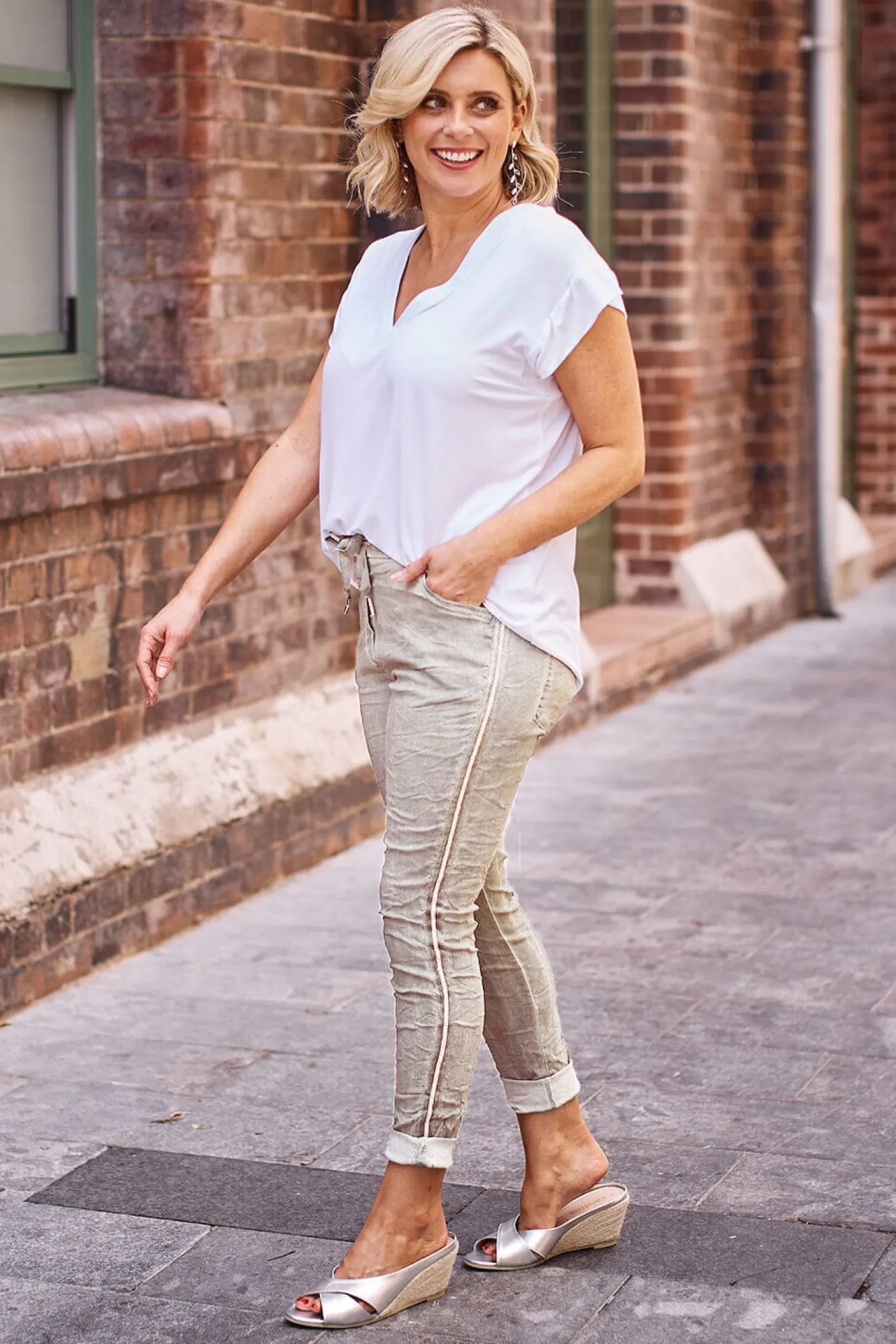 Sale Carolina Rhinestone Side Stripe Crinkle Jogger Sand