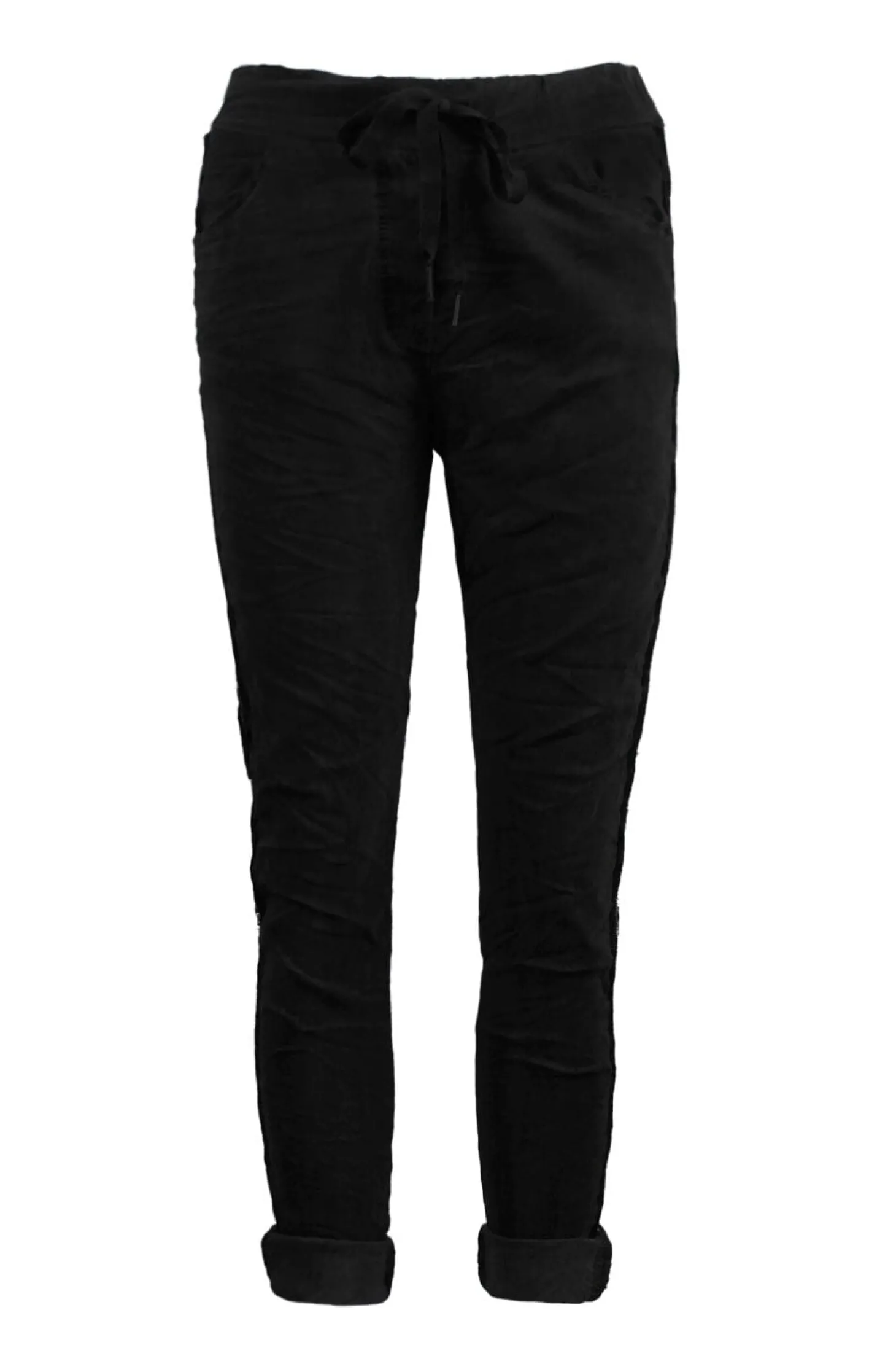 Fashion Carolina Rhinestone Side Stripe Crinkle Jogger Black