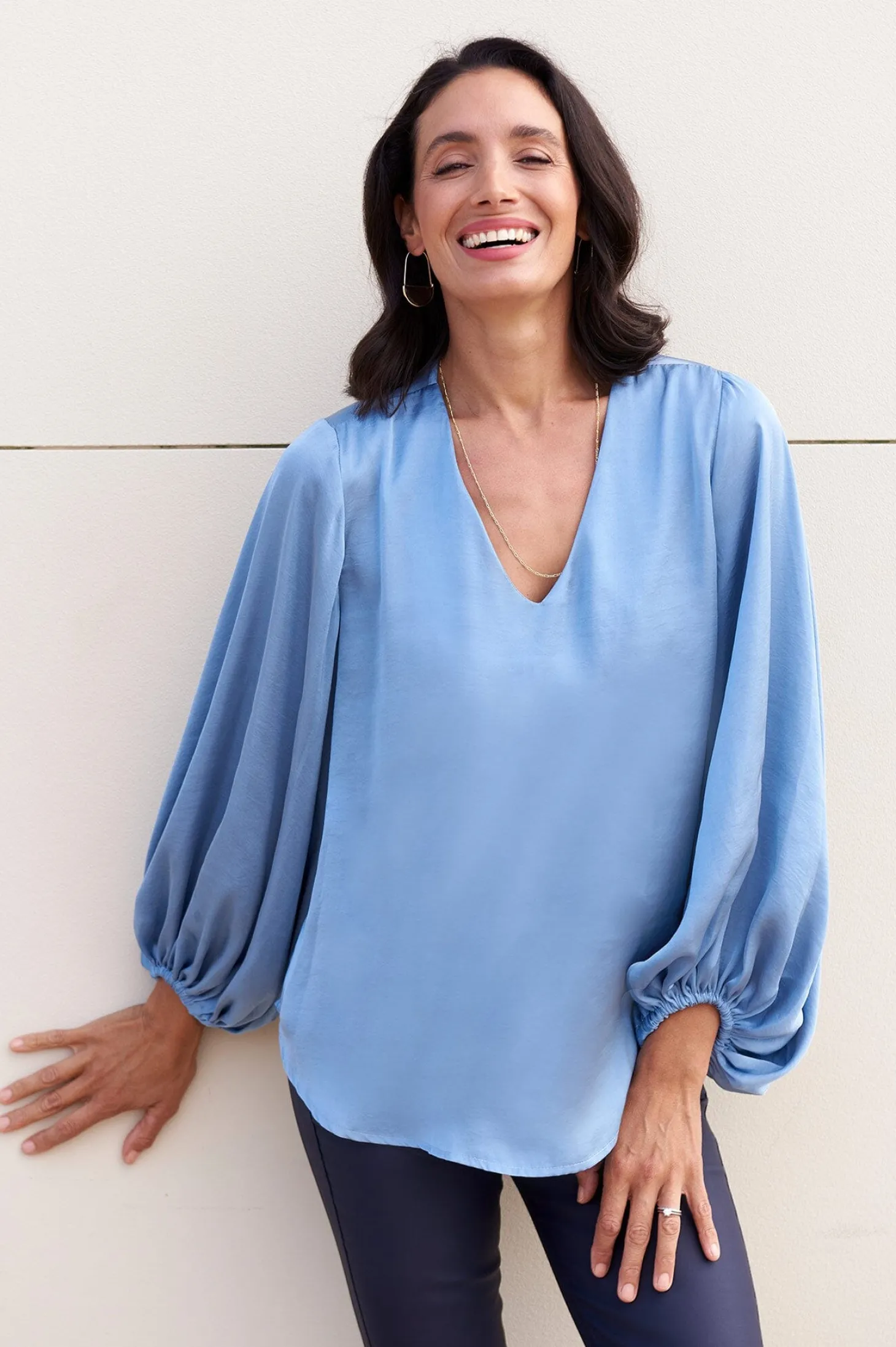 Cheap Carolina Sovana V-Neck Long Sleeve Top Blue Grey