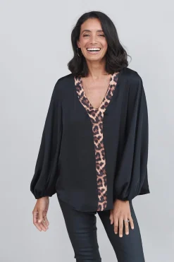 Fashion Carolina Sovana V-Neck Top Black with Animal Trim