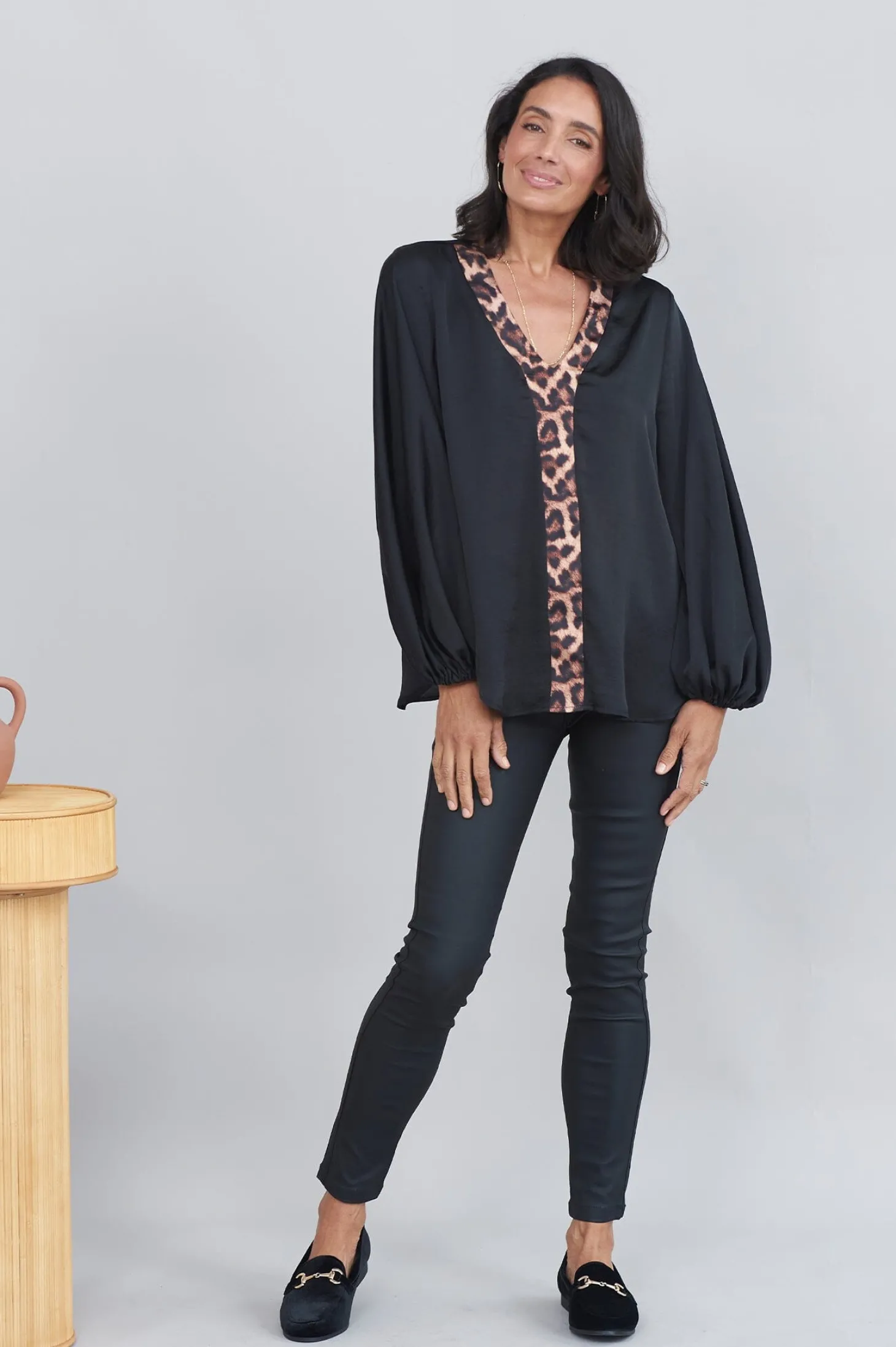 Fashion Carolina Sovana V-Neck Top Black with Animal Trim