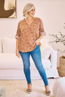 Store Carolina Tuscany Mid Sleeve Top Vera Print Rust