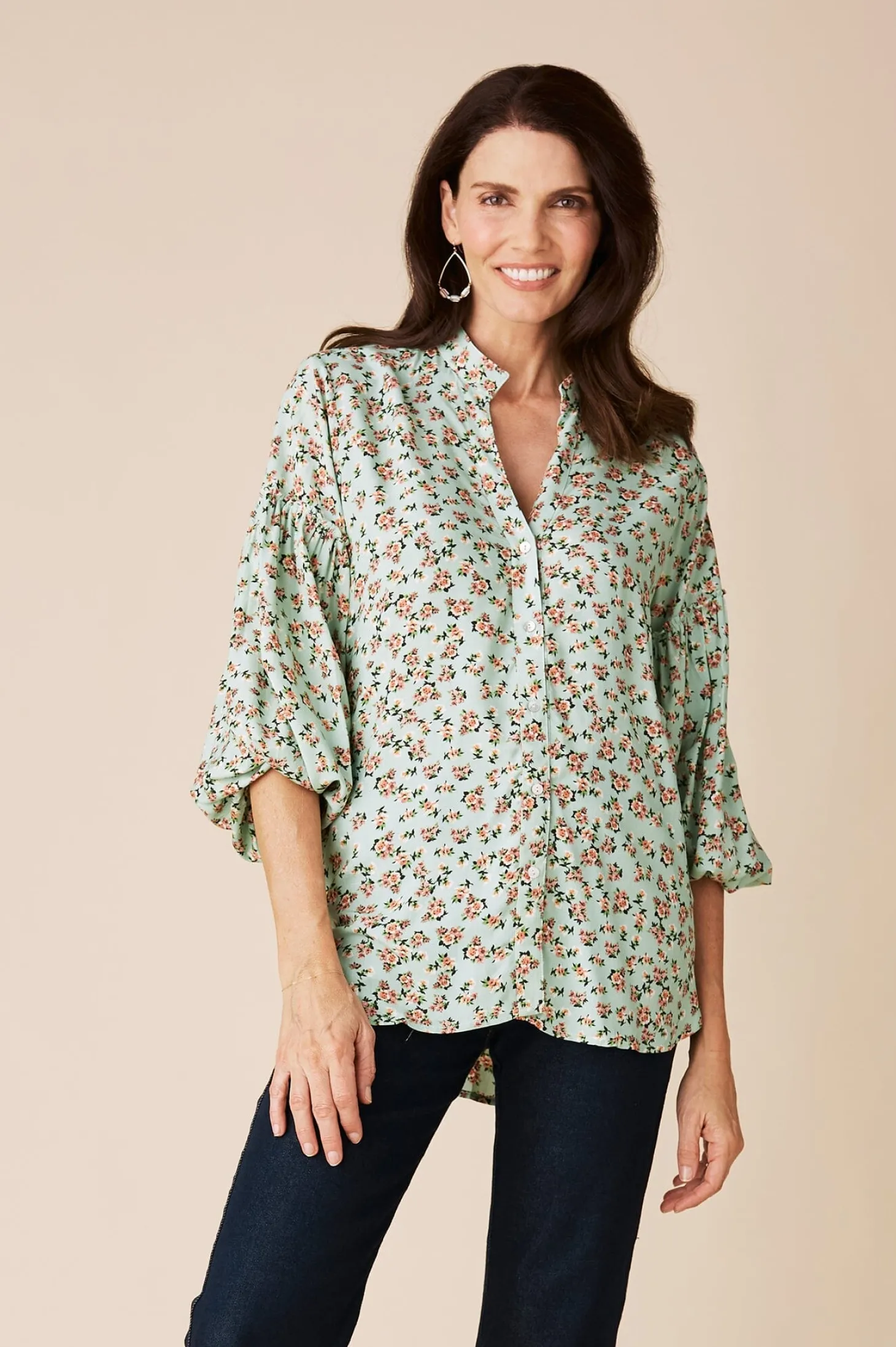 Hot Carolina Valletta Floral Long Sleeve Top Olive